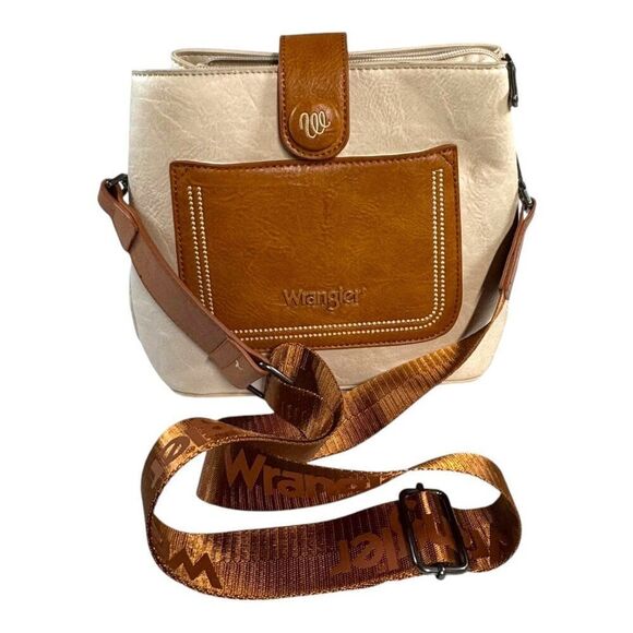 Wrangler Crossbody Bag Front Pocket Country Western Purse Brown Beige Pocketbook - Picture 1 of 10